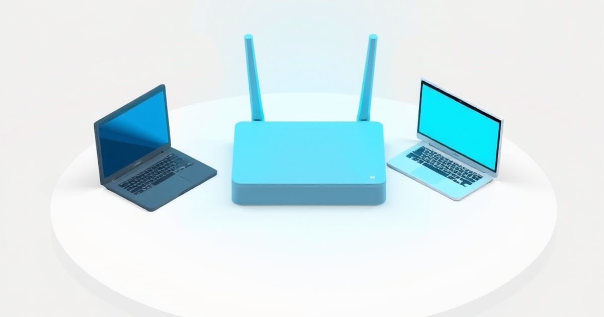 A teal two-antenna router sits between two open laptops on a white circular platform, symbolizing a VPN link connecting remote devices back to a home network.
