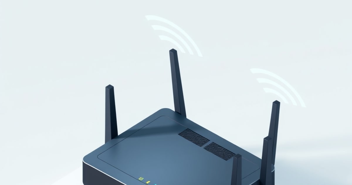 Flat isometric illustration of a dark grey four-antenna router emitting white signal arcs, cropped at the bottom edge on a pale grey-blue background.