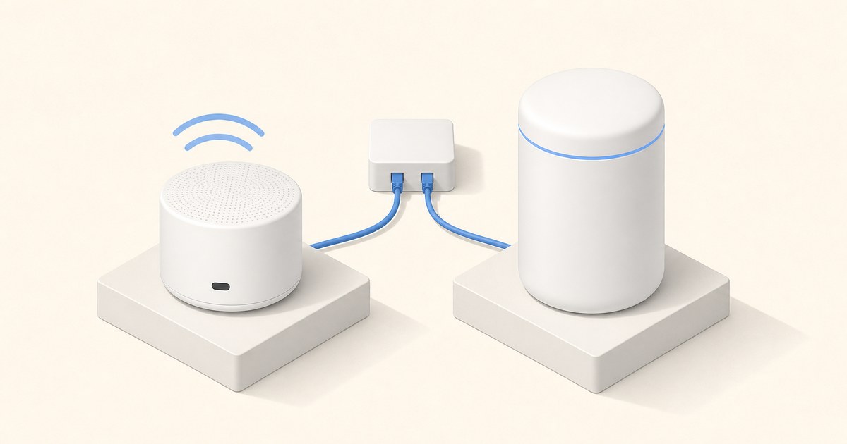 A compact white router and taller cylindrical gateway sit on square bases, linked by blue cables to a small hub beneath a Wi-Fi symbol.