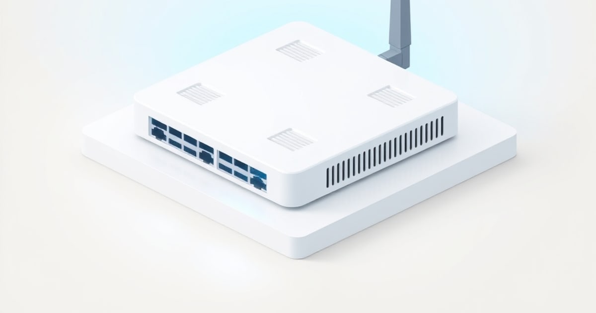Flat isometric illustration of a white multi-port network switch with an antenna, resting on a pale platform.