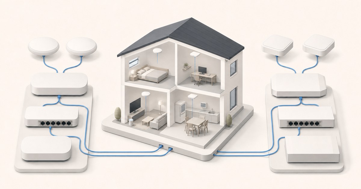 Isometric cutaway home flanked by two white network hardware stacks, with access points, switches, gateways, and blue Ethernet cables.