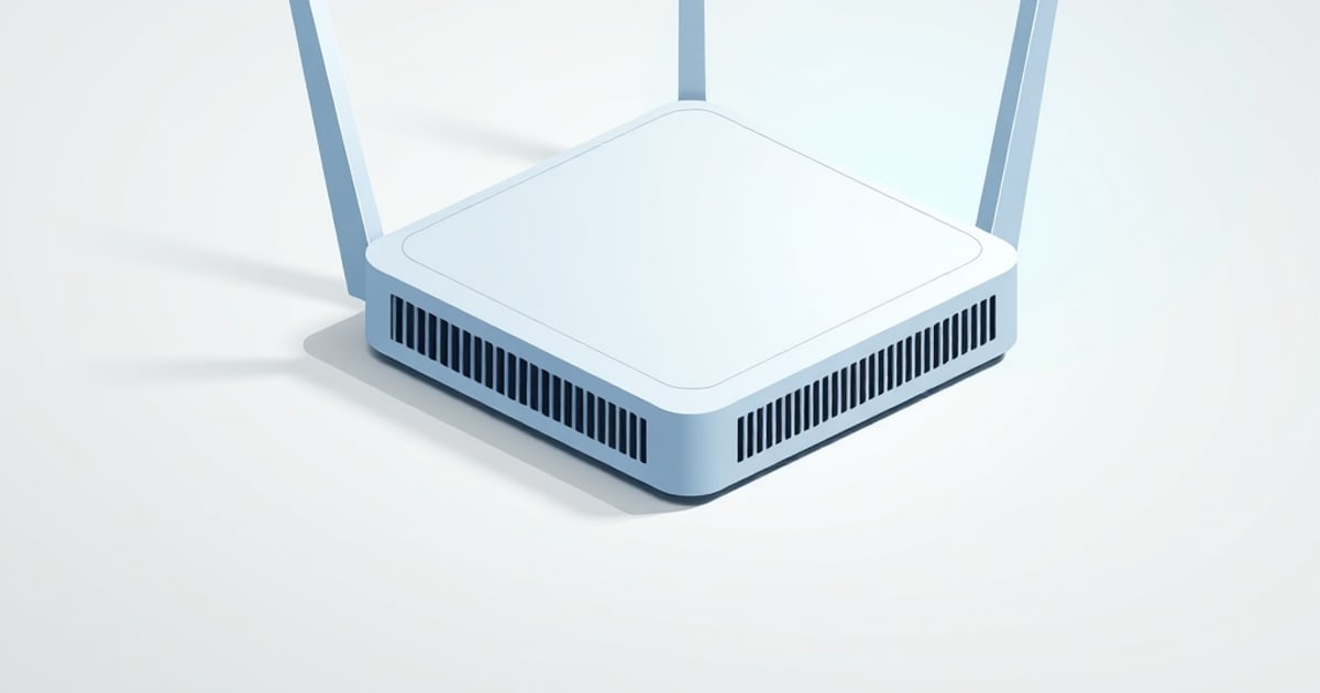 Flat isometric illustration of a pale blue square access point with vented sides and three upright antennas, standing on a plain white surface.